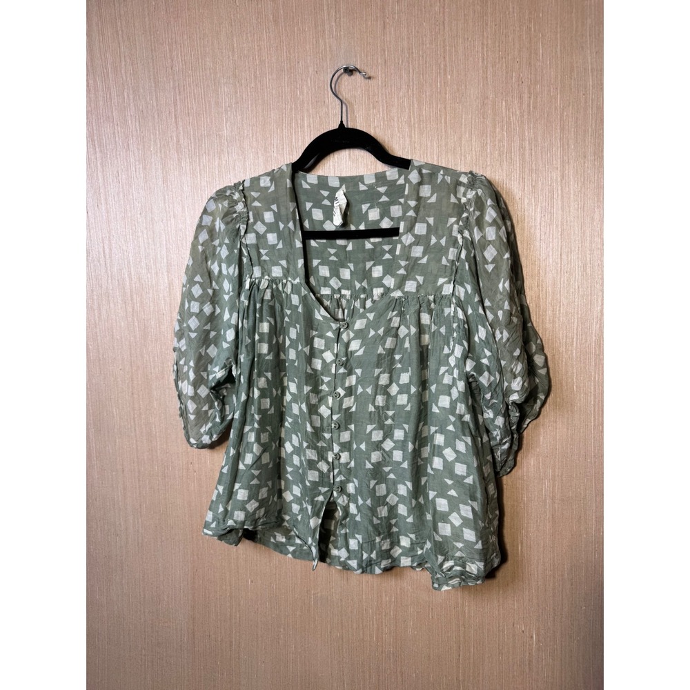 MIRTH Handmade Edition Sage Green Geometric Block Print Button Front Puff Top